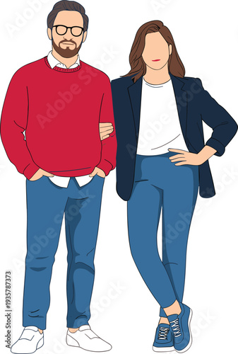 Stylish young couple illustration, modern man with glasses and woman leaning together, casual fashion lifestyle characters, contemporary people vector design