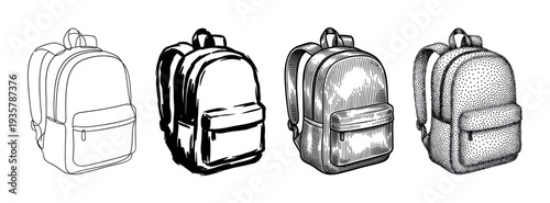 Set of four hand-drawn backpacks illustrated in various artistic styles including line art, brush stroke, engraving, and stippling for a vintage, classic look