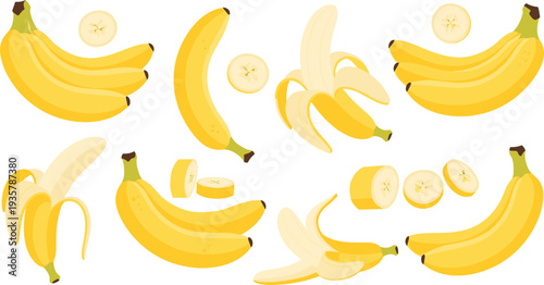 Banana Icon Set Featuring Whole Bananas, Peeled Bananas and Banana Slices for Tropical Fruit Design, Fresh Healthy Food Illustration and Organic Produce Graphics