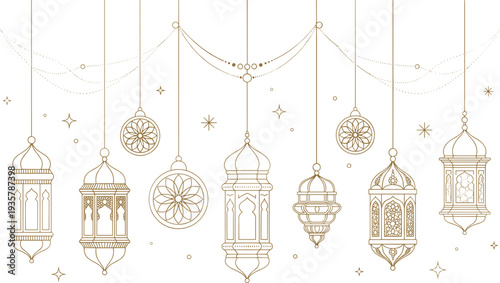 Luxury Ramadan lantern decoration with hanging Arabic lamps and Islamic ornaments, golden line art Eid Mubarak festive background vector illustration