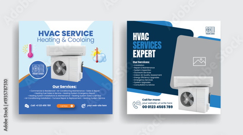 Trendy HVAC Air Conditioning Service Promotional Template for Square Flyers, Posters, Ads, and Social Media Post Design: Editable Vector Template for AC Repair and Installation service