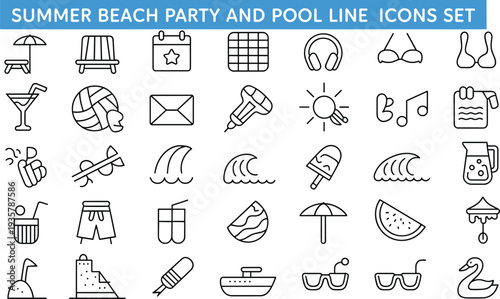 Summer beach party and pool line icons set with drinks, waves, sunglasses, swimwear, music, food and vacation elements outline vector collection
