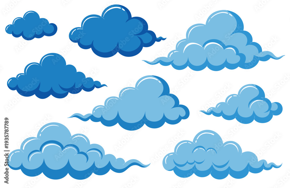 Fototapeta premium Blue sky vector illustration featuring a seamless pattern set of fluffy white clouds and weather design