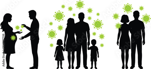 Family silhouettes with virus particles illustrating infection spread, health risk concept showing pregnant woman, parents and children exposed to disease