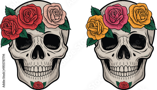 Sugar skull with rose flower crown day of the dead tattoo style decorative Mexican calavera vector illustration set