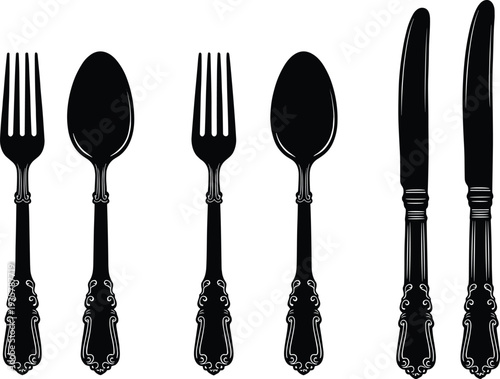 Vintage cutlery silhouette collection, antique fork spoon knife design, ornate kitchen utensil artwork, classic dining illustration, black culinary graphic