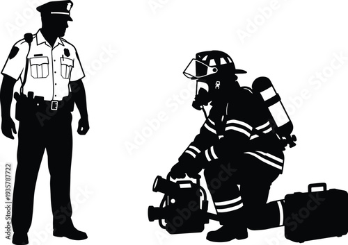 Silhouette police officer observing firefighter operating rescue saw with equipment case during emergency response teamwork safety service concept protection duty preparedness