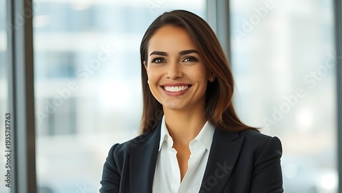 Free Download Confident businesswoman in blazer smiling against blurred office window, soft backlight. - GFXLoad