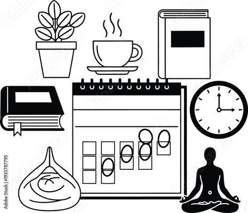 Person meditates near calendar clock and book wqe 291