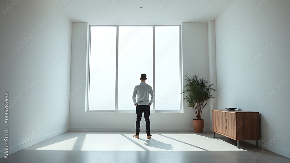Fototapeta premium A minimalist interior with soft natural light streaming through a large window, creating an airy atmosphere.