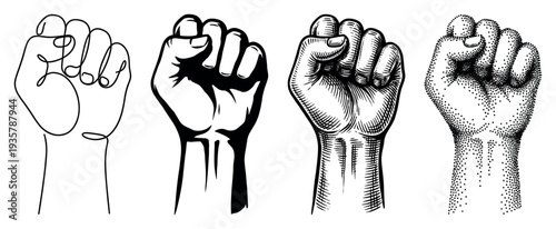 Set of four raised fist illustrations in different artistic styles, including line art, graphic, engraving, and stippling, symbolizing protest, strength, and solidarity