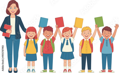 Teacher with happy school children holding books in classroom, diverse elementary students celebrating learning and education, cartoon vector illustration isolated