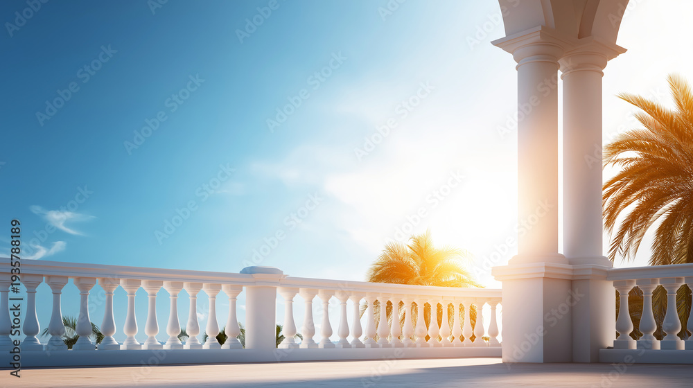 Obraz premium Inviting Mediterranean style villa balcony offering a bright view with white architecture and lush palm trees under a sunny sky