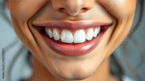 Close-up of white teeth with a natural smile, showcasing clean dental aesthetics in studio lighting.