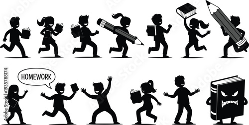 Cad drawing flat vector illustration, students running with books and pencils, silhouette set, homework speech bubble, scary book monster character