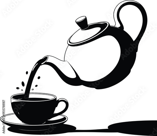 Black and white vector illustration of a teapot pouring into a teacup on saucer, highlighting elegance, simplicity, and domestic charm.