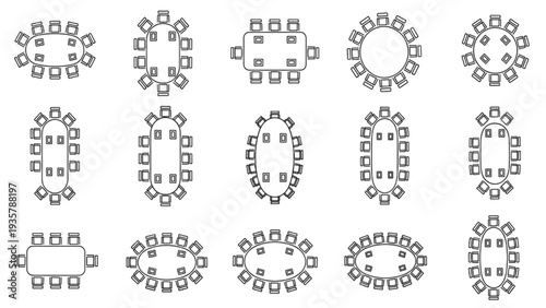Various floor plan layouts of meeting rooms with chairs and tables