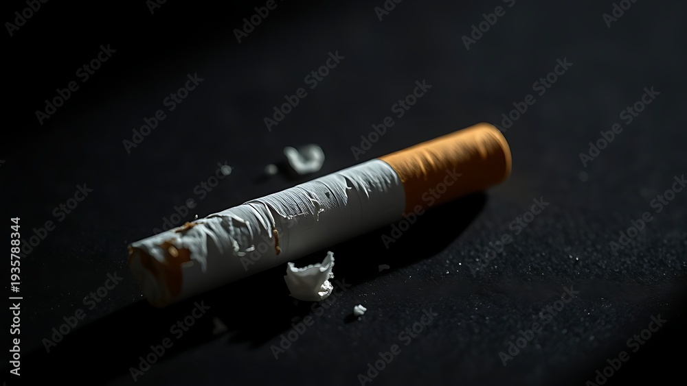 Obraz premium A crushed cigarette on a dark surface, an anti-smoking concept.