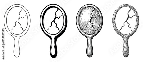 Collection of four broken hand mirrors drawn in different black and white styles such as outline, ink, woodcut, and stippling, representing misfortune and shattered reflection
