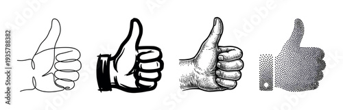 Four thumbs up hand gestures in different artistic styles including continuous line art, brushstroke, vintage engraving, and stippling, representing approval and success