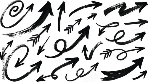 Collection of hand drawn brush arrows set showing direction movement navigation symbols isolated design elements for infographic illustration