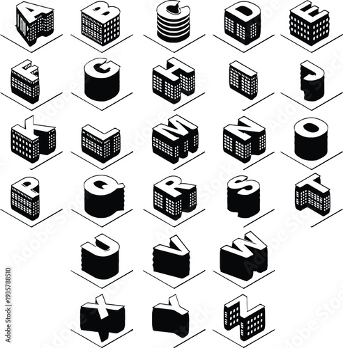Architectural alphabet vector illustration with A–Z letters designed as 3D buildings, combining creative typography and structural design.