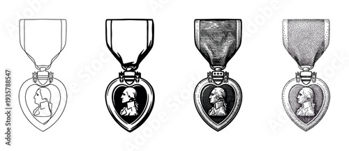 Four heart-shaped military medals with a profile bust are shown in a set of different artistic styles, including line art, engraving, stippling, and solid black silhouette