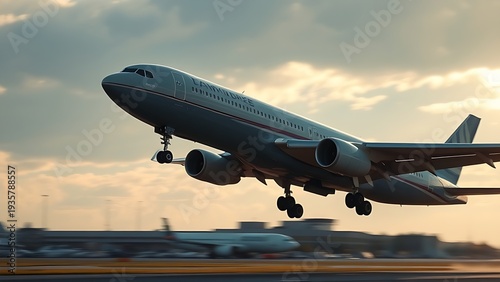 An airplane taking off into a dramatic sky from an airport runway.