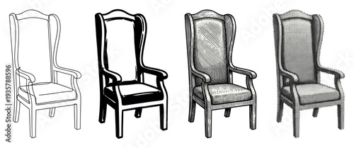 Set of four classic wingback chair illustrations showing various graphic techniques like outline, stencil, detailed engraving, and retro halftone pattern for a design collection