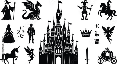 Fairy tale fantasy silhouette set featuring castle, dragon, wizard, princess, knight, unicorn, fairy, crown and magical medieval story elements