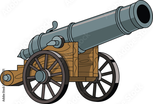 Vintage cannon artillery illustration, historic military weapon on wooden carriage with wheels, classic war equipment vector isolated antique cannon design