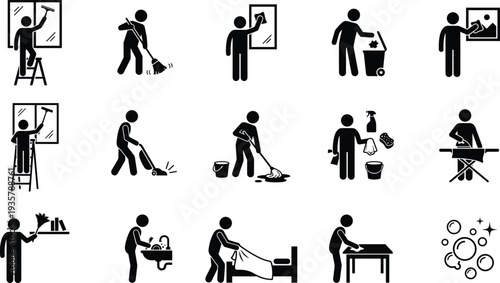 House cleaning service icon set showing window washing sweeping vacuuming mopping ironing and household chores vector symbols collection
