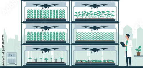 Vertical farming system with drones monitoring crops, smart agriculture technology, indoor hydroponic plant cultivation, scientist analyzing growth in modern urban farm