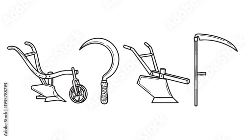 A clean  minimalist, black and white line drawing depicts four distinct agricultural tools arranged horizontally. From left to right a wheeled plow with a single metal blade and two handles; a sickle