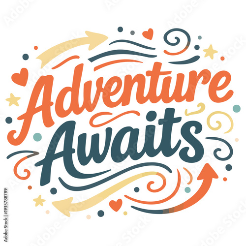 Colorful adventure awaits typography design with decorative swirls and playful elements perfect for travel posters and creative projects