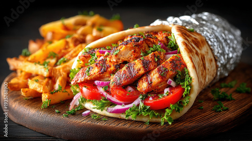 A chicken shawarma wrap in foil