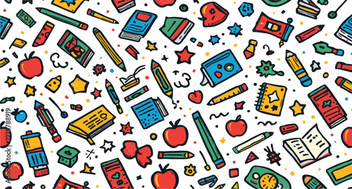  Colorful school supplies pattern with books, pencils, apples isolated on transparent background
