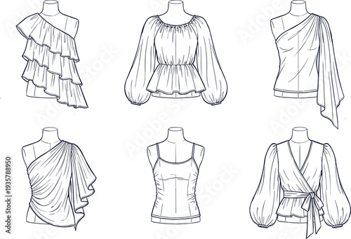 Women blouse fashion line art collection with elegant tops, ruffle, wrap and sleeveless designs, stylish clothing outline vector illustration set