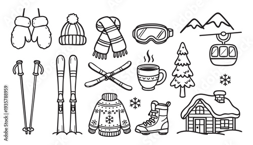 A whimsical, hand-drawn, doodle-style illustration featuring a collection of winter-themed objects arranged in a somewhat scattered, flat lay composition. 