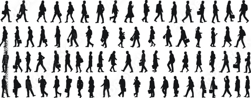 Walking people silhouettes collection — black vector pedestrians in motion, male and female commuters and casual walkers in varied walking poses for design.