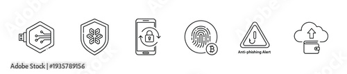 Set of black outline icons for digital security concepts like hardware wallets, antivirus protection, mobile locking, crypto biometrics, anti-phishing alerts, and cloud wallets