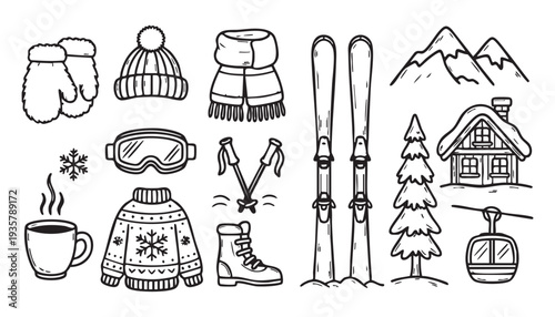 A whimsical, hand-drawn, doodle-style illustration featuring a collection of winter-themed objects arranged in a somewhat scattered, flat lay composition. 