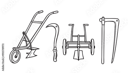 A clean  minimalist, black and white line drawing depicts four distinct agricultural tools arranged horizontally. From left to right a wheeled plow with a single metal blade and two handles; a sickle