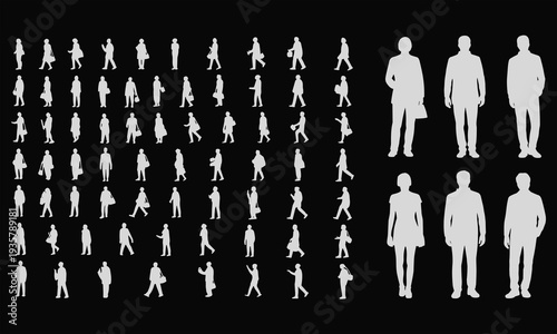 Walking people silhouettes set, business men and women figures, urban pedestrians collection isolated on black background vector illustration