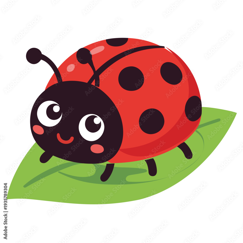 Fototapeta premium Playful Cute Ladybug with Green Leaf Vector Illustration for Eco Kids Brand. Vibrant ladybug character interacting with nature, featuring a bright red shell and friendly kawaii face. High-quality flat