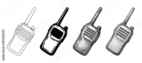 Four hand-drawn portable radio transceiver illustrations in various artistic styles including line art, solid ink, hatching, and stippling for a retro graphic design element
