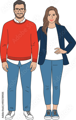 Young couple standing together, modern man and woman casual outfit characters, smiling people portrait, contemporary lifestyle vector illustration isolated