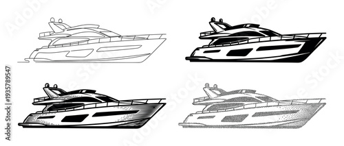 Set of four luxury motor yacht illustrations in different graphic styles like line art, silhouette, engraving, and stippling, showing a modern vessel from a side profile view