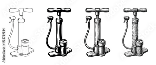 Four black and white bicycle pump illustrations with pressure gauges shown in various artistic styles including line art, silhouette, vintage engraving, and stippling dotwork