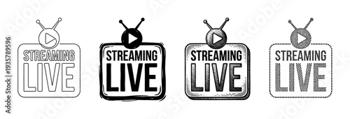 Set of four black streaming live icons shaped like retro televisions in various hand-drawn styles including outline, solid, engraved, and dotted for online broadcasting